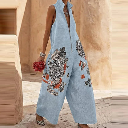Retro Floral Stand Collar Zipper Wide-Leg Jumpsuit