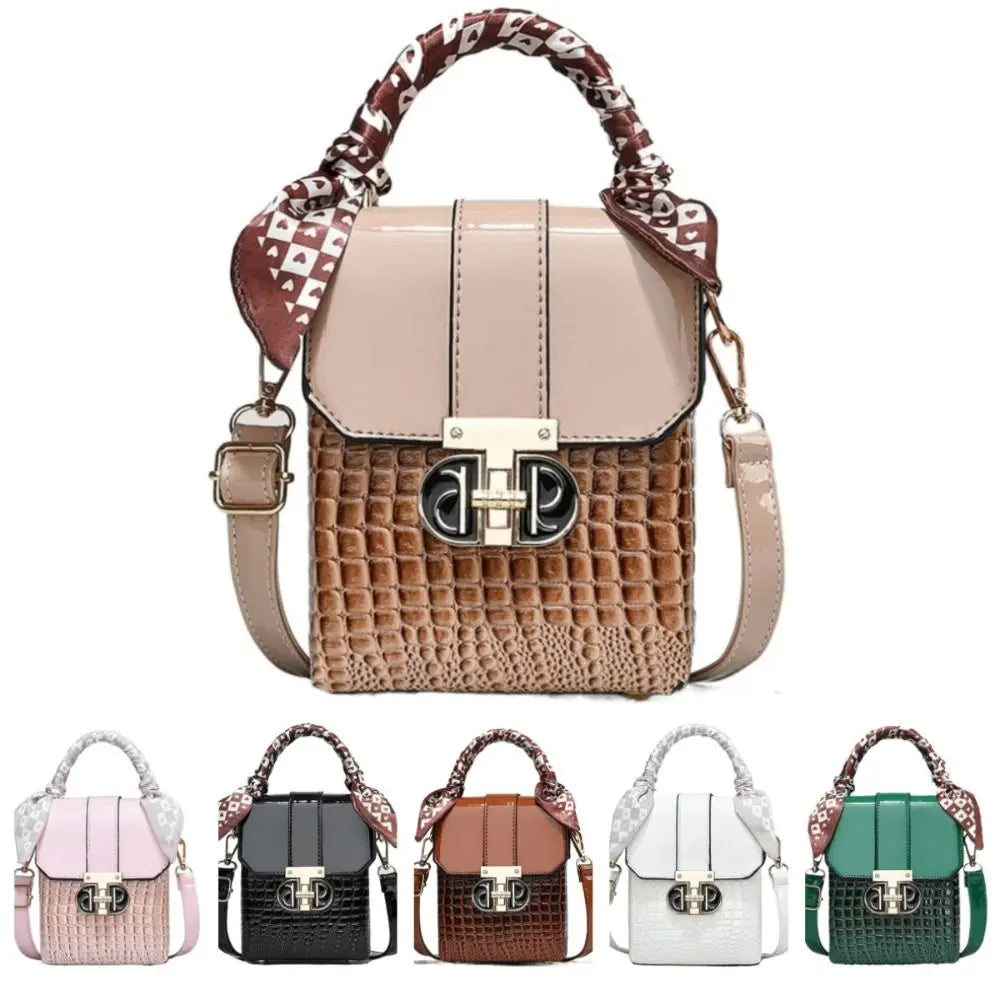 Designer handbag with patterned handle and multiple color options displayed below.