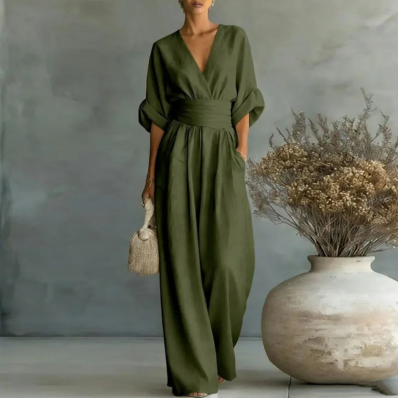 Deep V Wrap Wide Leg Jumpsuit