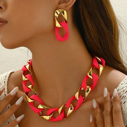 Chunky Dual-Texture Interlocking Link Chain Necklace & Earring Set