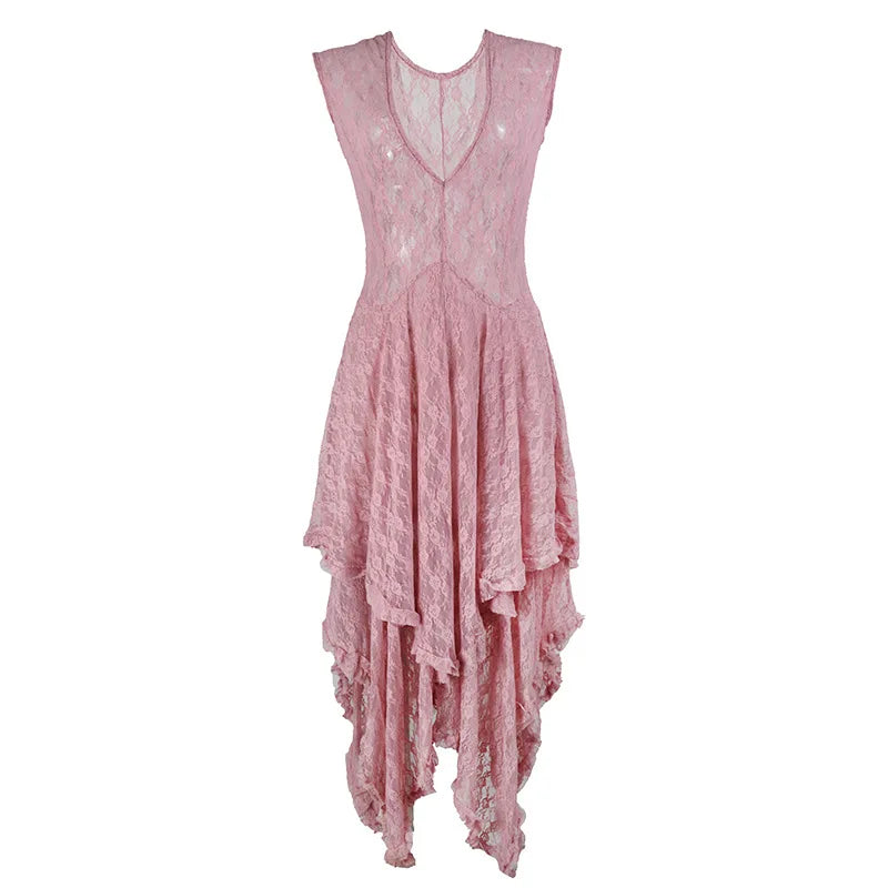 A sleeveless pink lace dress with a deep V-neckline, fitted bodice, and a layered, ruffled high-low skirt, shown against a plain white background.