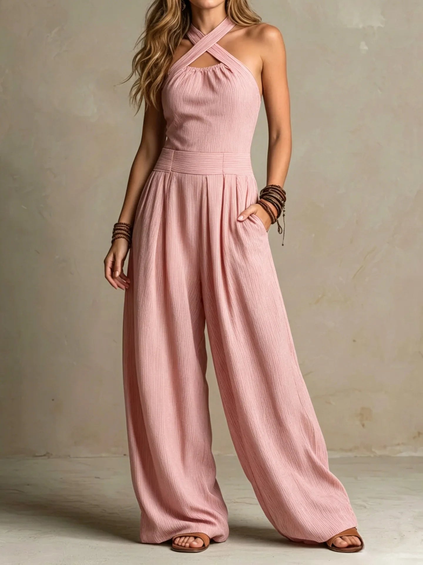 Halter Cross-Neck Wide Leg Jumpsuit