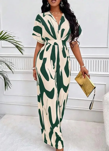 Elegant Printed Batwing Sleeve Jumpsuit