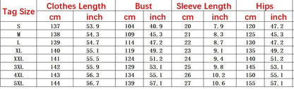 Table displaying clothing size chart with measurements for length, bust, sleeve, and hips.