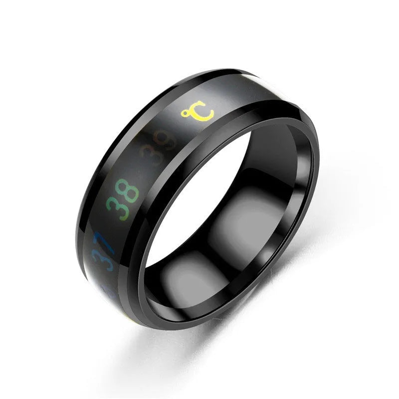 Black digital temperature ring with colorful display on a white background