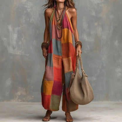 Bohemian Patchwork Halter Wide Leg Jumpsuit
