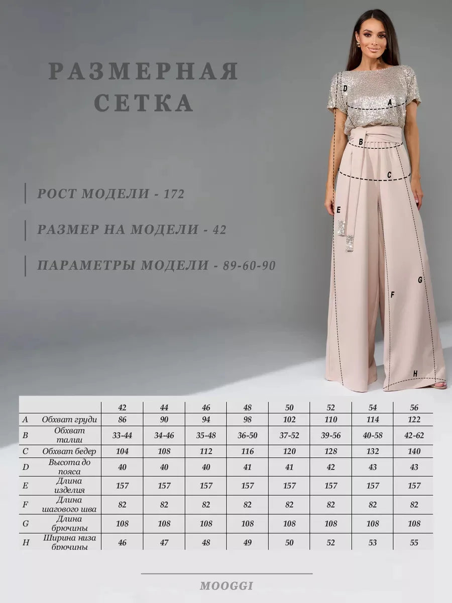A size chart and model photo for a MOOGGI dress. The left side features a gray background with Russian text detailing model measurements (height 172, size 42, and parameters 89-60-90) alongside a size grid table at the bottom.