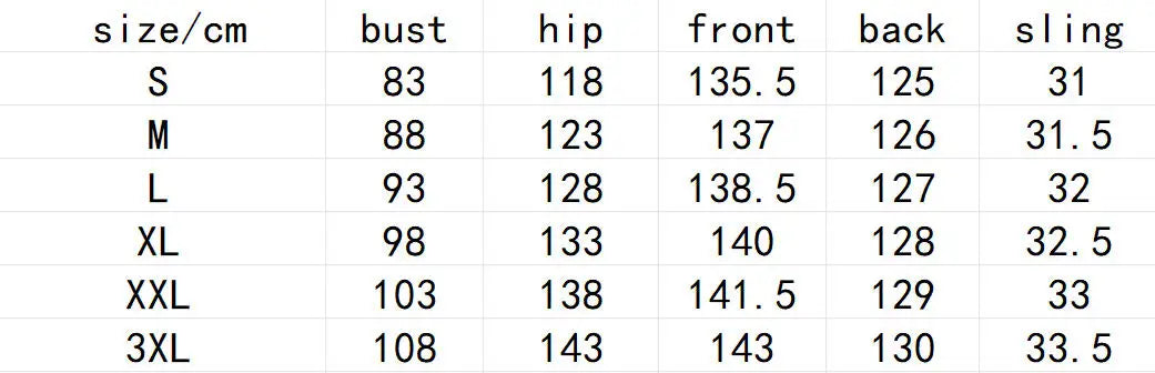 Table displaying measurements for different sizes of a garment including bust, hip, front, back, and sling.