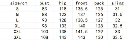 Table displaying measurements for different sizes of a garment including bust, hip, front, back, and sling.