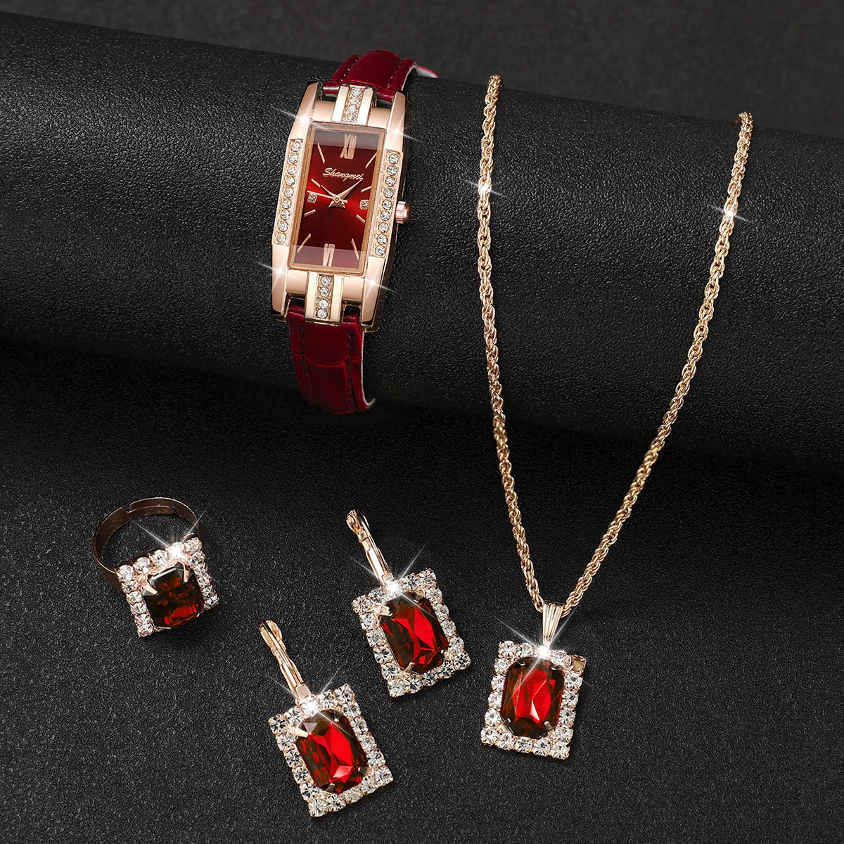 5-Piece Elegant Baroque Rhinestone Women's Watch & Jewelry Set