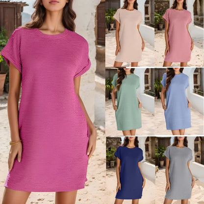 Collage of a woman wearing a pink dress with images of dresses in different colors.