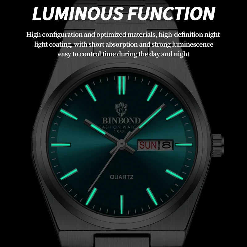 Binbond watch with glowing green face on a black background