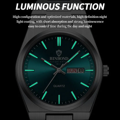 Binbond watch with glowing green face on a black background