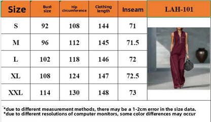 Size chart for clothing with measurements and a model wearing a burgundy jumpsuit.