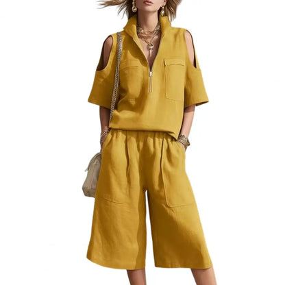 Cold Shoulder Zip Two-Piece Linen Set
