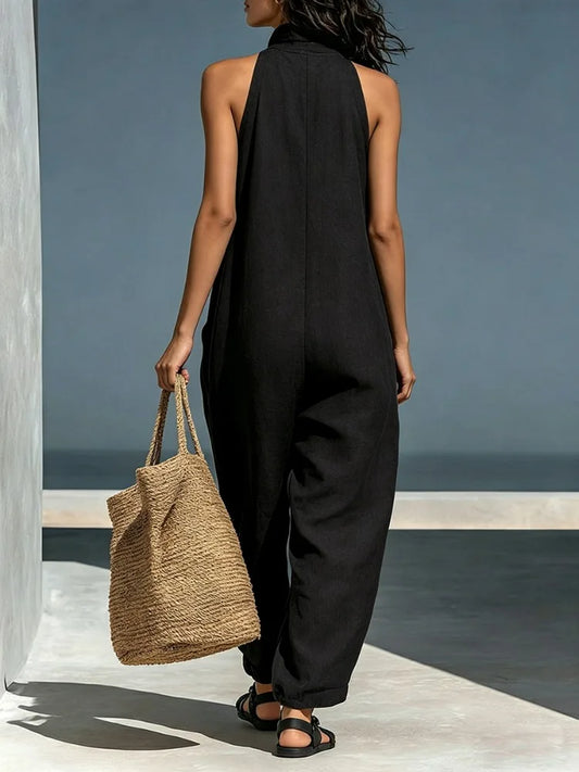 Halter Neck Lace Trim Wide-Leg Jumpsuit