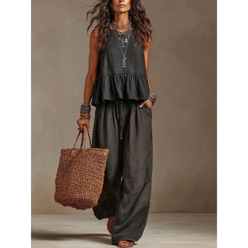 Women's Boho Linen Wide Leg Pant Set