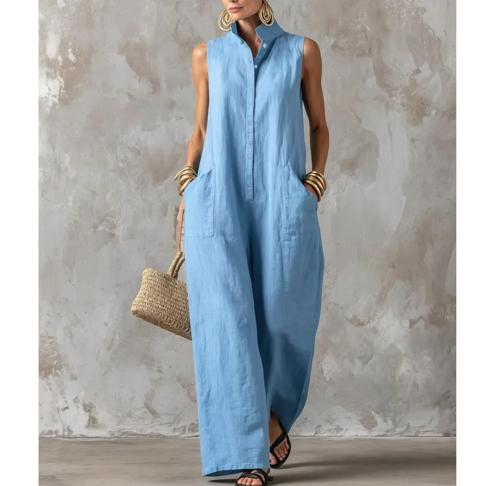 Sleeveless Collared Wide Leg Jumpsuit with Pockets