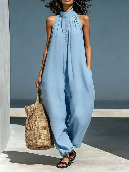 Halter Neck Lace Trim Wide-Leg Jumpsuit
