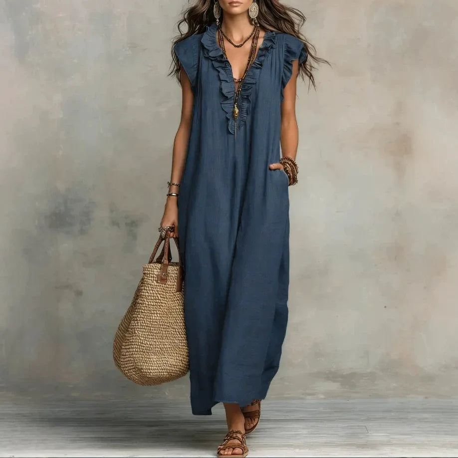 Amara Ruffle V-Neck Maxi Dress