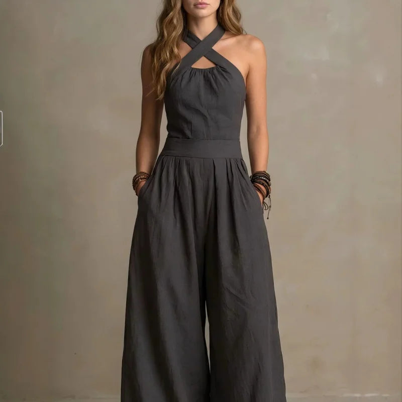 Halter Cross-Neck Wide Leg Jumpsuit