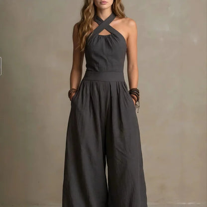 Halter Cross-Neck Wide Leg Jumpsuit