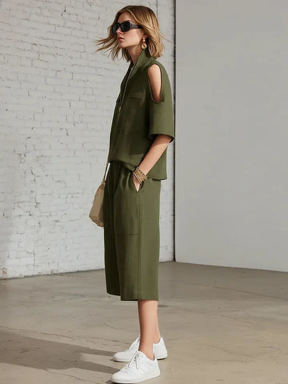 Cold Shoulder Zip Two-Piece Linen Set