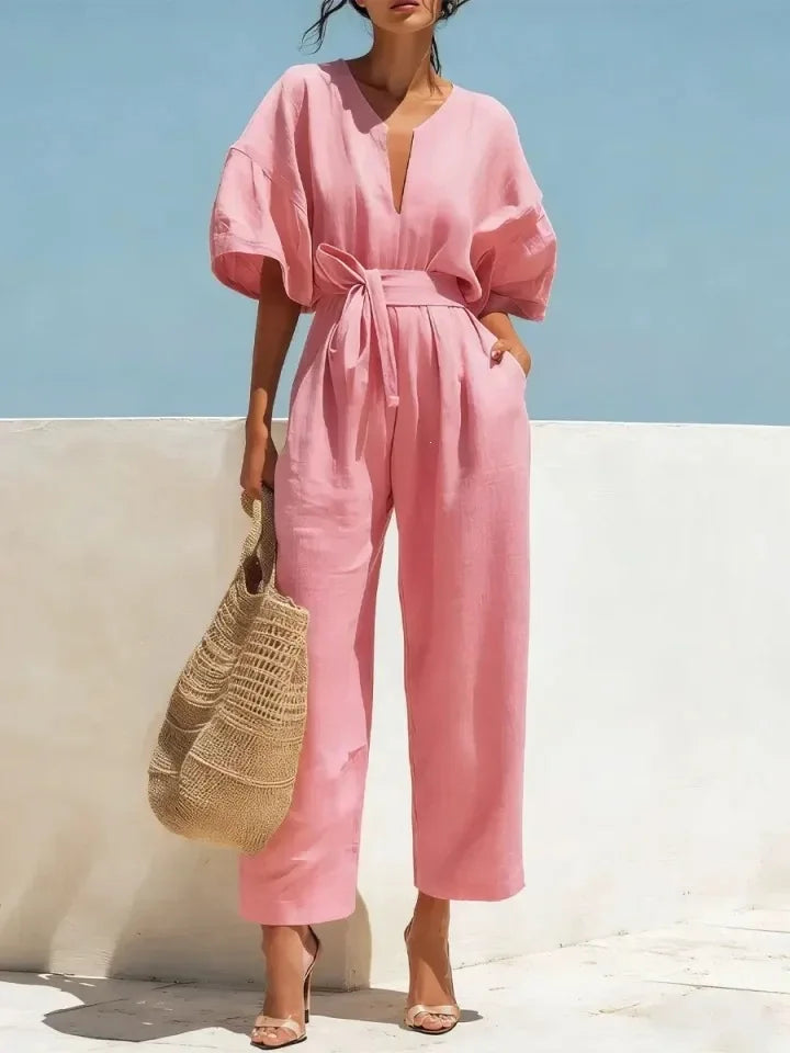 Boho Wide Leg Belted Jumpsuit with Pockets