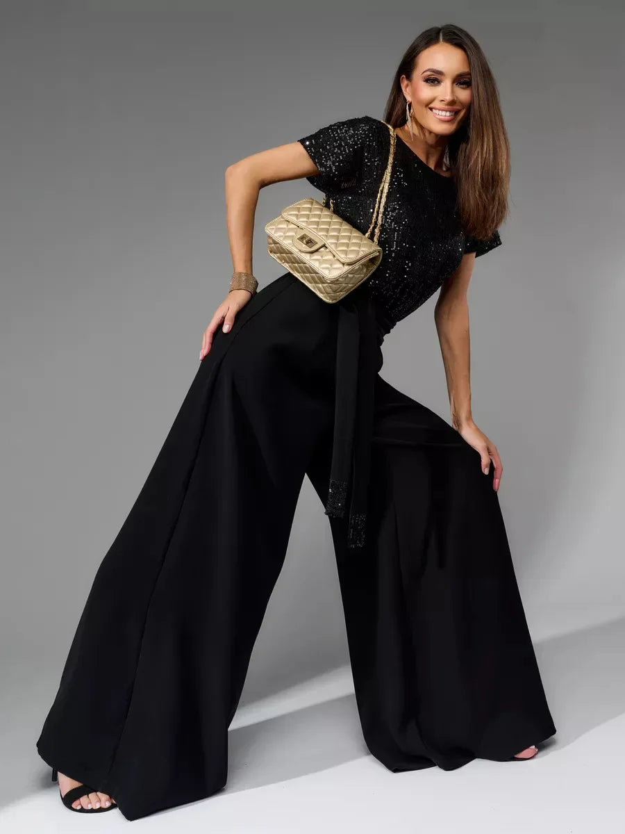 Glittering Sequin Tie Waist Jumpsuit