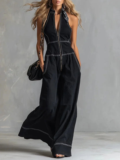 Sleeveless Wide Leg Zipper Jumpsuit