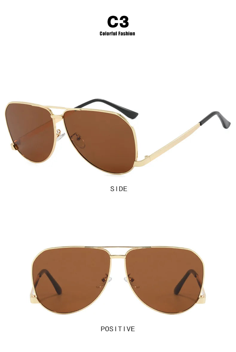 Two views of aviator-style sunglasses labeled C3 Colorful Fashion, showing brown tinted lenses and gold metal frames on a white background, with side and positive angle labels.