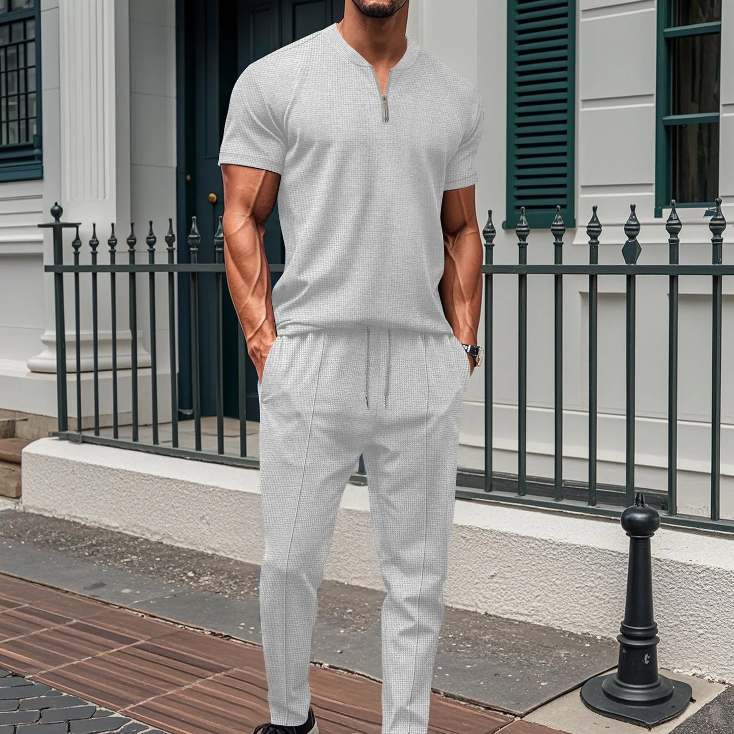 Men's Waffle Knit Polo and Trousers Set