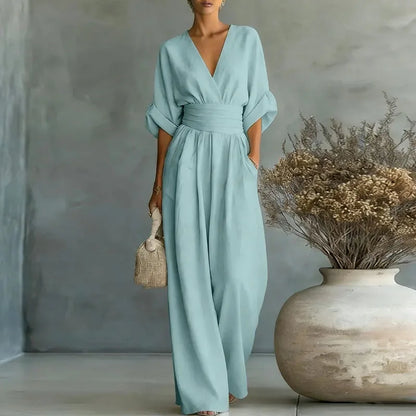 Deep V Wrap Wide Leg Jumpsuit