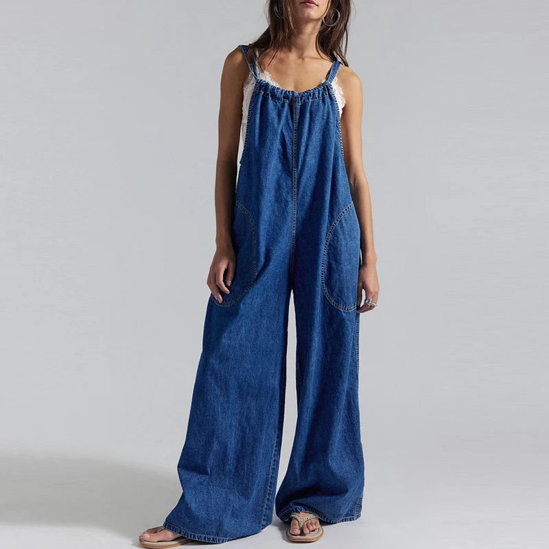 Wide-Leg Denim Overall Jumpsuit