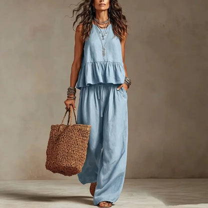 Women's Boho Linen Wide Leg Pant Set