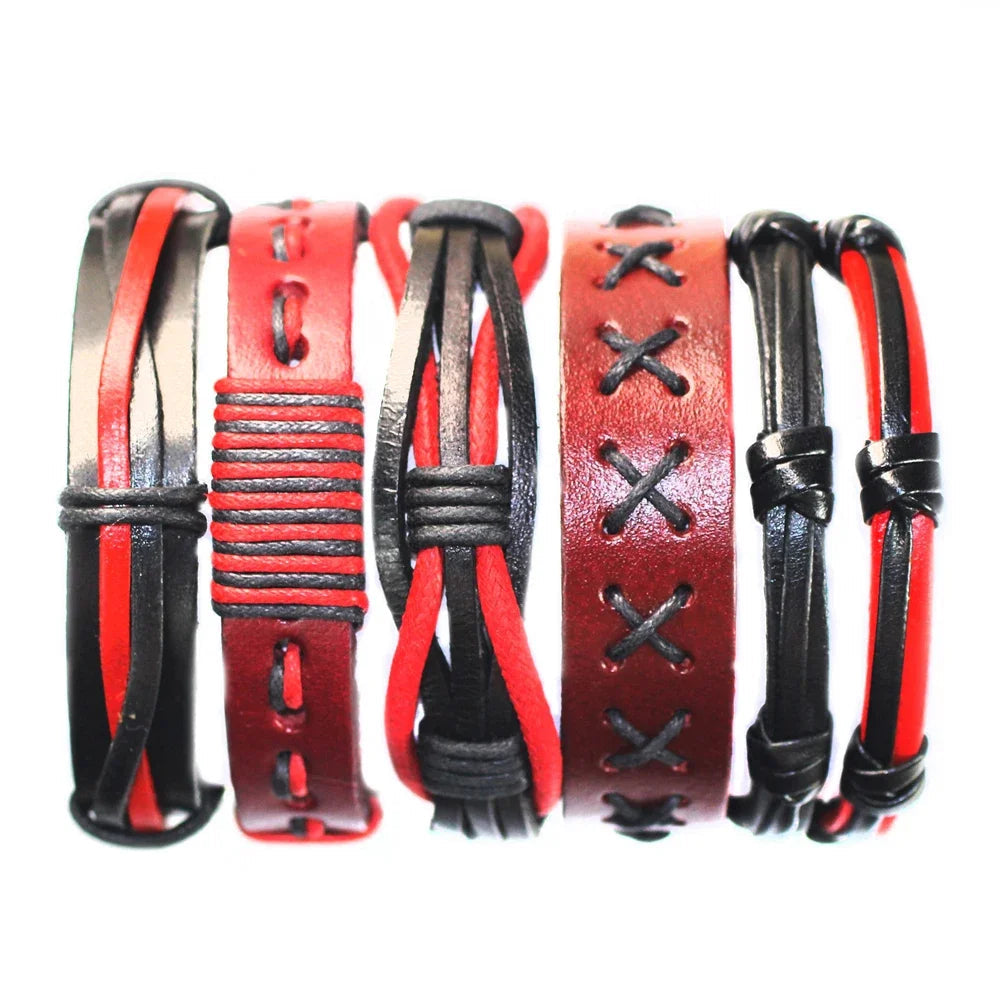 Set of red and black leather bracelets with woven designs on a white background.