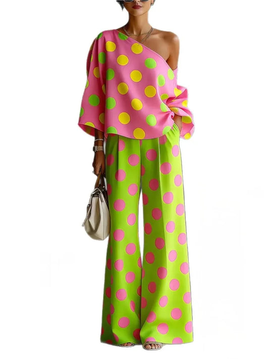 Polka Dot Off Shoulder Wide Leg Pant Set