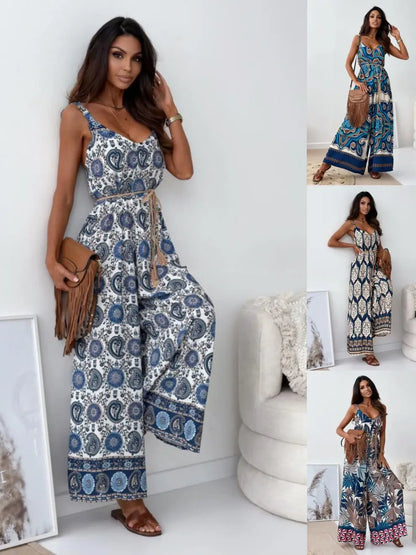 A woman modeling a sleeveless wide-leg jumpsuit with a blue, white, and gray bohemian paisley print, shown in a multi-view collage on a white background.
