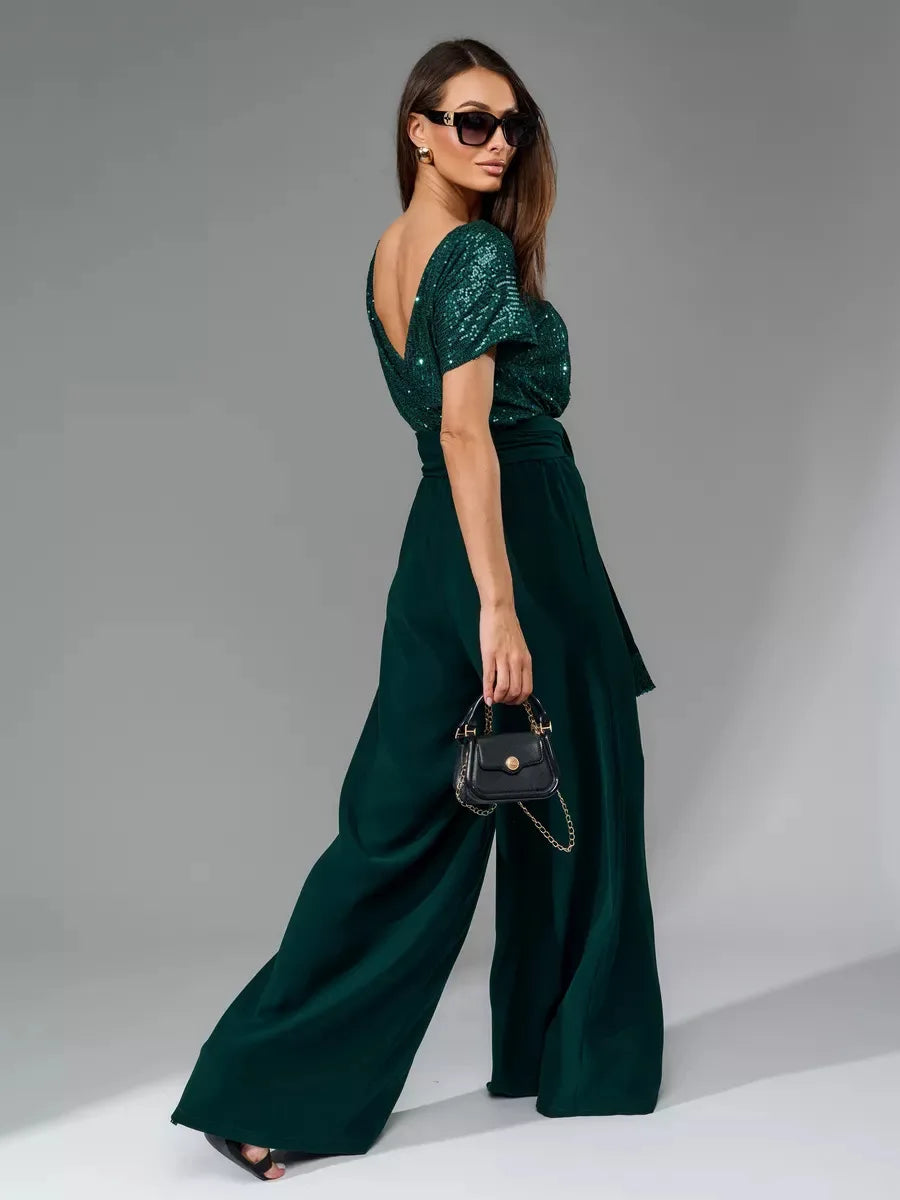 Glittering Sequin Tie Waist Jumpsuit