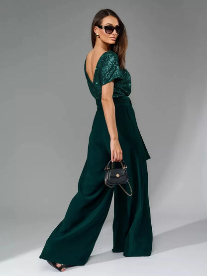 Glittering Sequin Tie Waist Jumpsuit