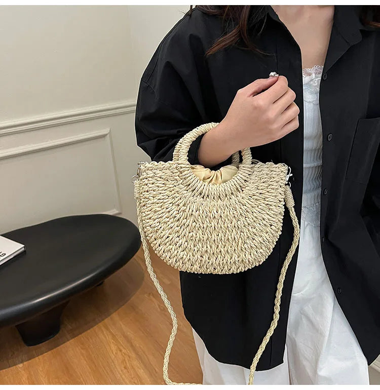 Handwoven Straw Half-Moon Bag