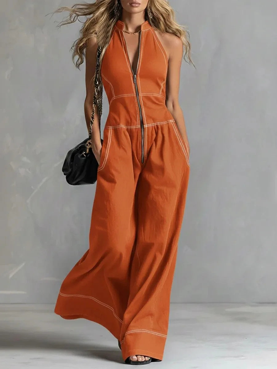 Sleeveless Wide Leg Zipper Jumpsuit