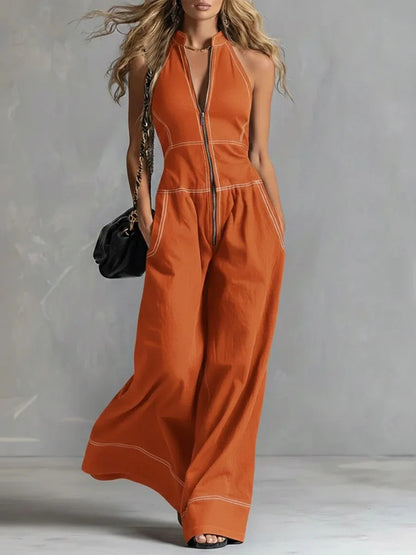 Sleeveless Wide Leg Zipper Jumpsuit
