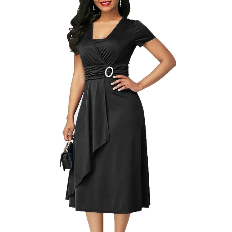 Chic Polka Dot Midi Swing Dress - Elegant Party Wear for Women Black / XL Chic Polka Dot Midi Swing Dress - Elegant Party Wear for Women Black / XL