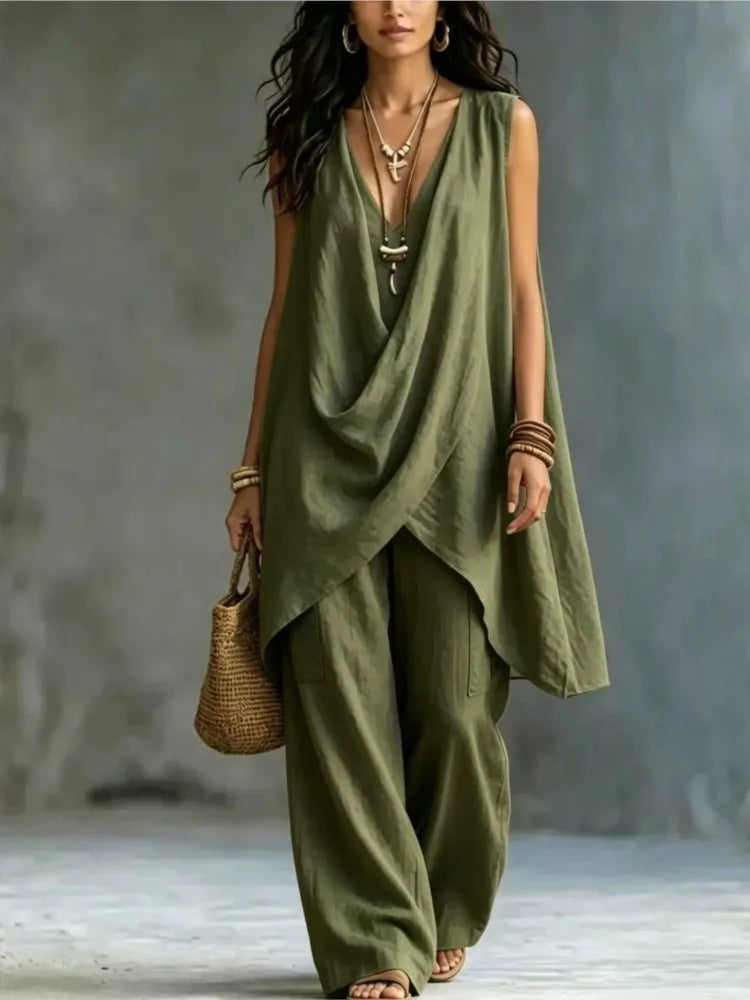 Women's Sleeveless Asymmetrical Linen Blend Set