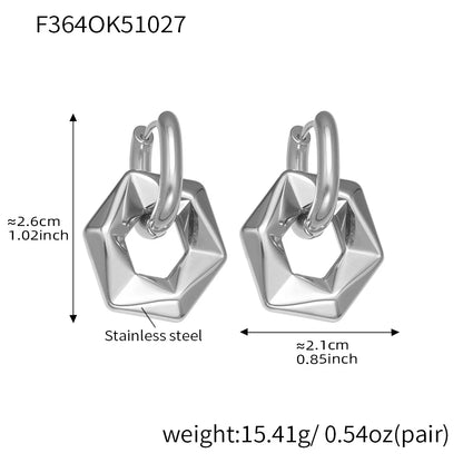 Silver hoop earrings with geometric design, shown with measurements and weight details on a white background.