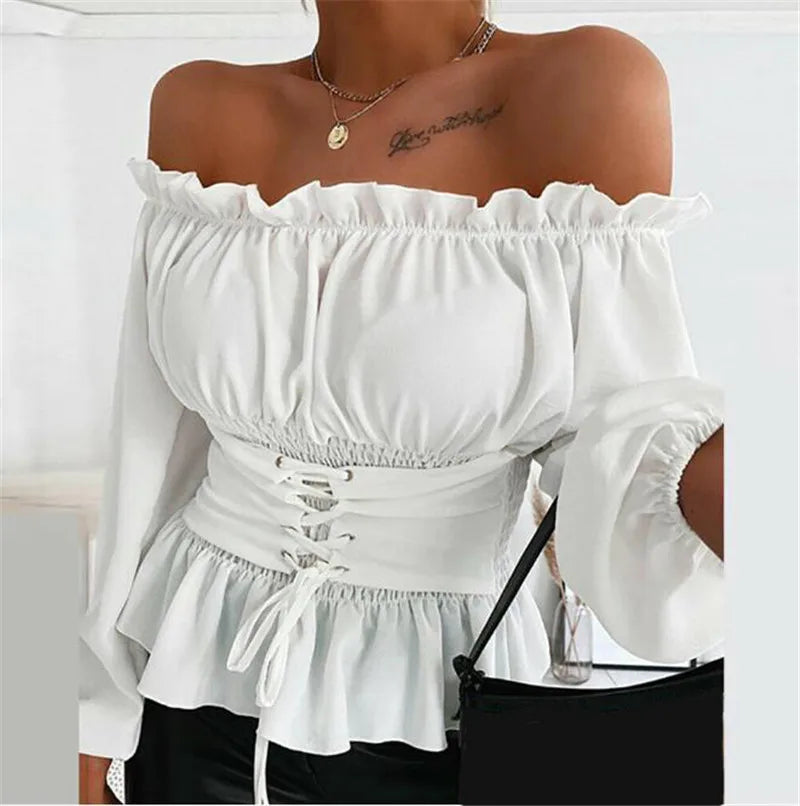 Off-Shoulder Lace-up Ruffled Top