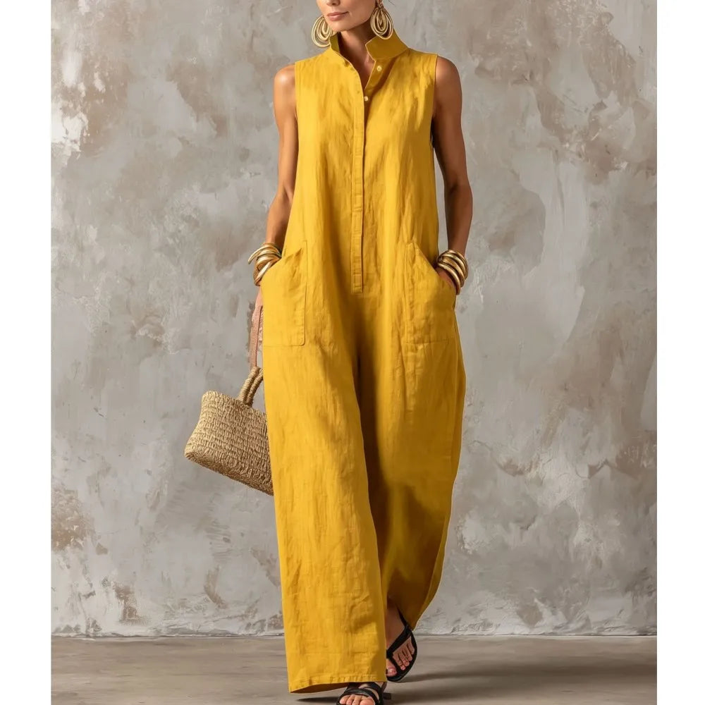 Sleeveless Collared Wide Leg Jumpsuit with Pockets