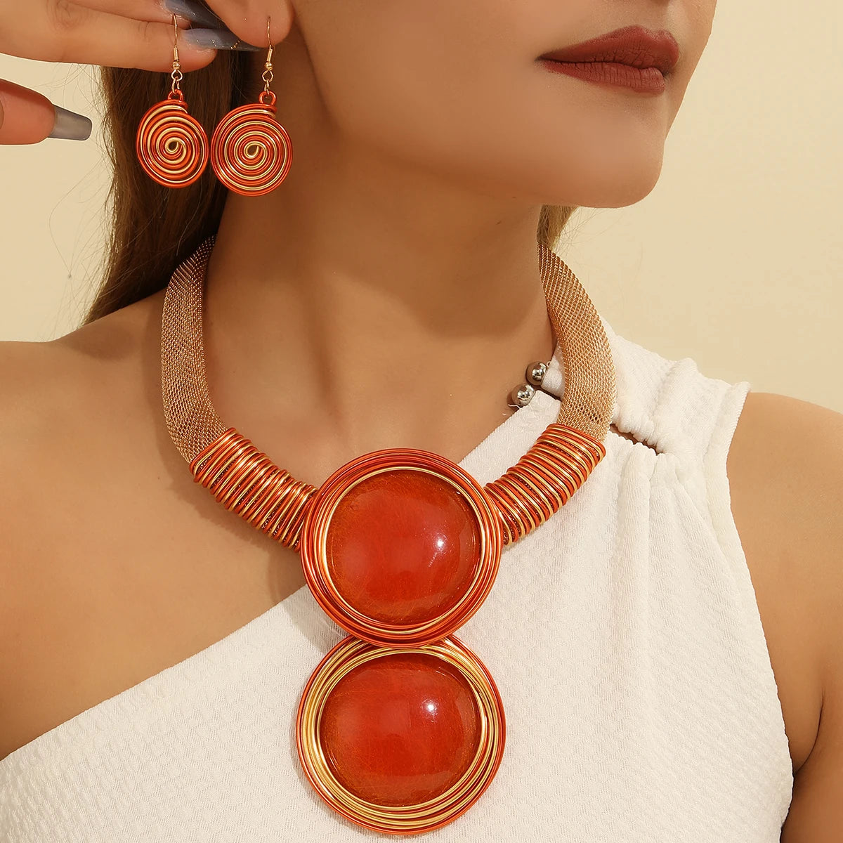 Bold Resin Wire-Woven Statement Necklace Set