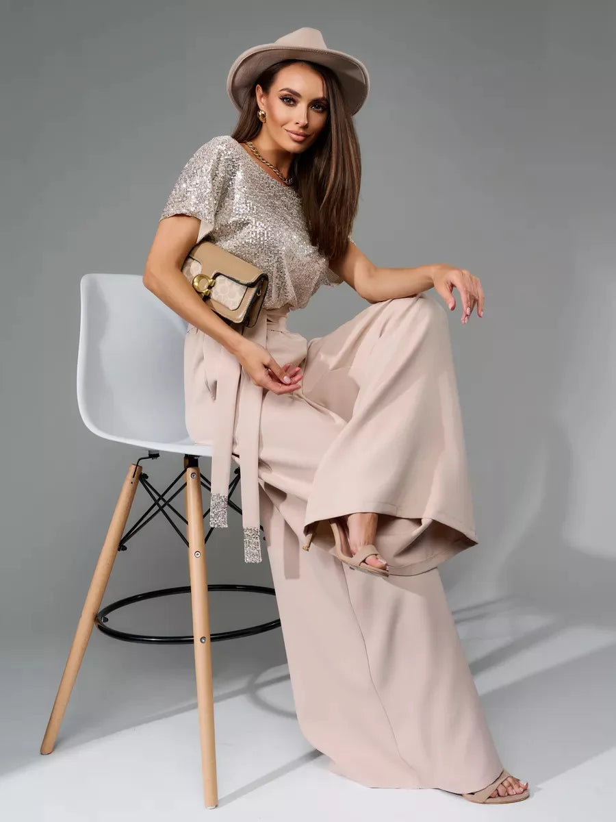 Glittering Sequin Tie Waist Jumpsuit